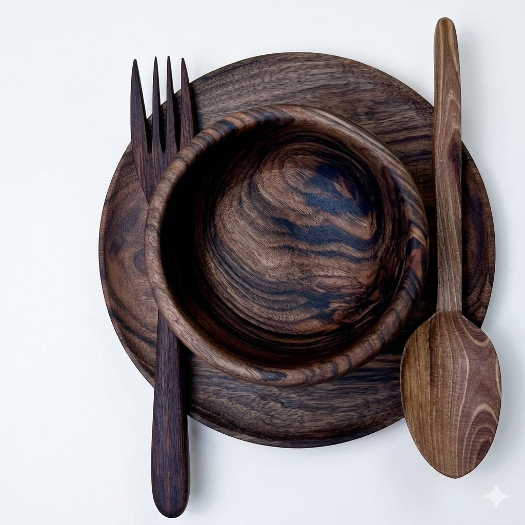 Wooden Bowl Set With Spoon, Plate, And Forks