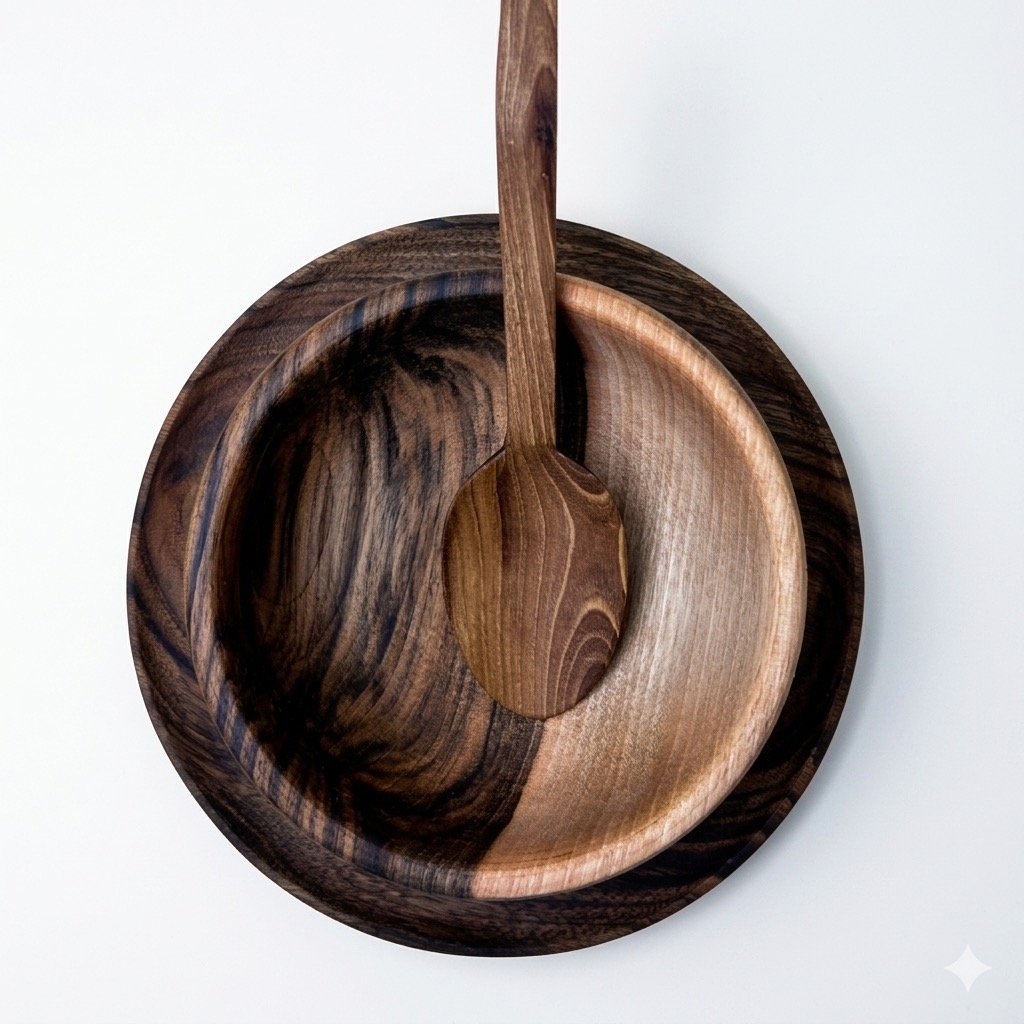 Wooden Bowl Set With Spoon, Plate, And Forks