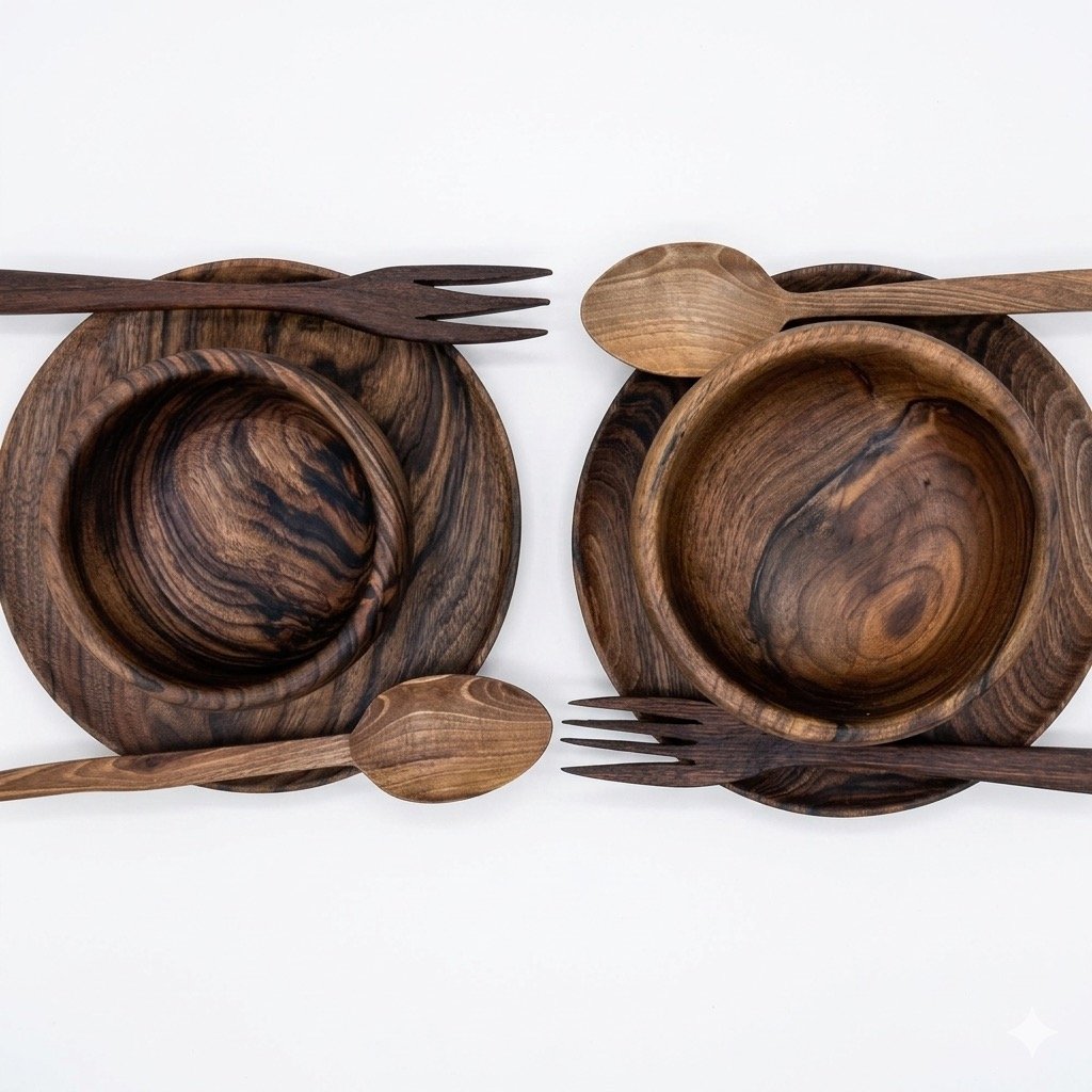 Wooden Bowl Set With Spoon, Plate, And Forks